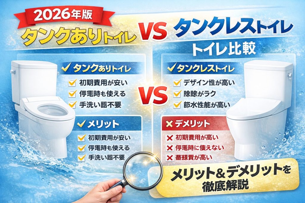 タンクあり トイレ 比較 タンクレス トイレ 違い メリット デメリット 2026年最新版の比較アイキャッチ画像
