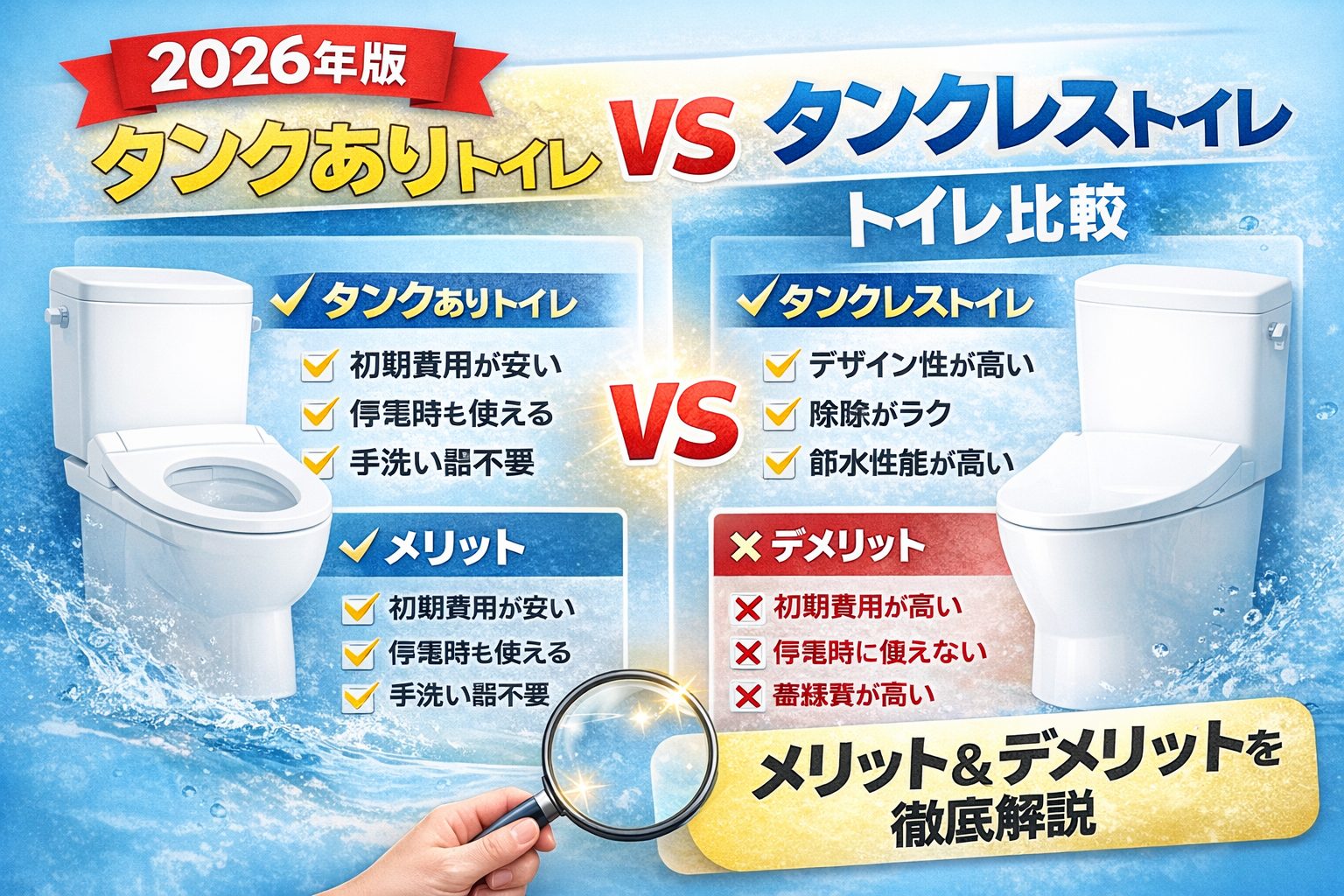 タンクあり トイレ 比較 タンクレス トイレ 違い メリット デメリット 2026年最新版の比較