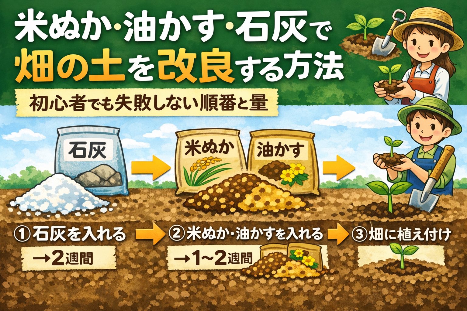 米畑の土壌改良の正しい順番と資材の使い方図解