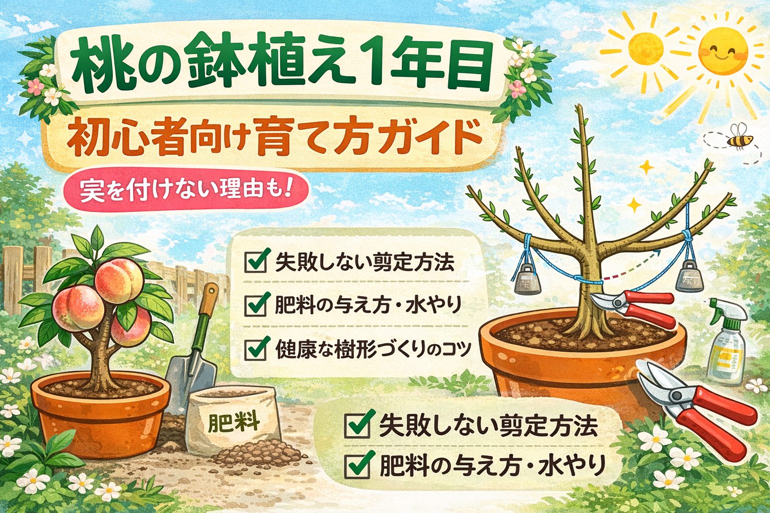 桃の剪定方法と理想的な樹形を初心者向けに図解したイラスト