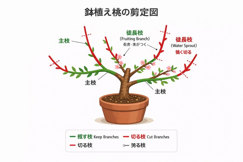 alt="桃の剪定方法 図解 初心者向け 主枝と結果枝の切り方"