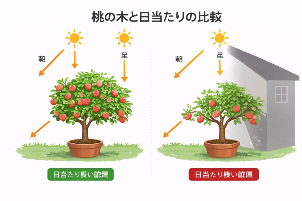 alt="桃の木 日当たり 配置 図解 鉢植えと地植えの光の当たり方"