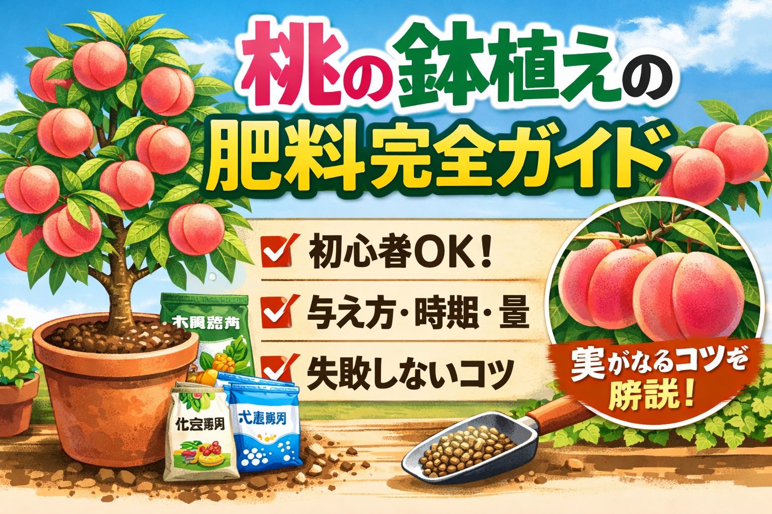 鉢植え桃の肥料の与え方を解説する図解イラスト