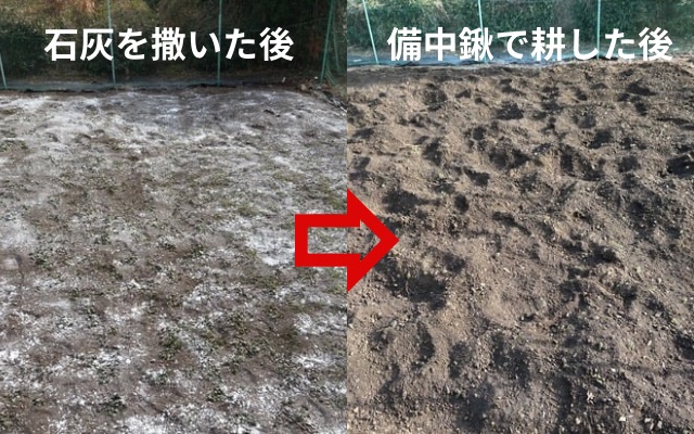 石灰を撒いた後　備中鍬で耕した後　